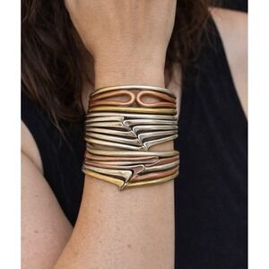 Lot 3 Vtg Mixed Metal Adjustable Cuff Bracelets Copper Brass Silver Tone